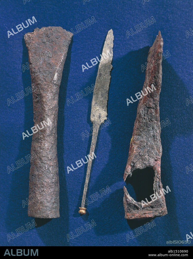 Prehistory, Denmark, Iron Age. Celtic iron axes and spears, 400 b.C. From excavations at Illerup.