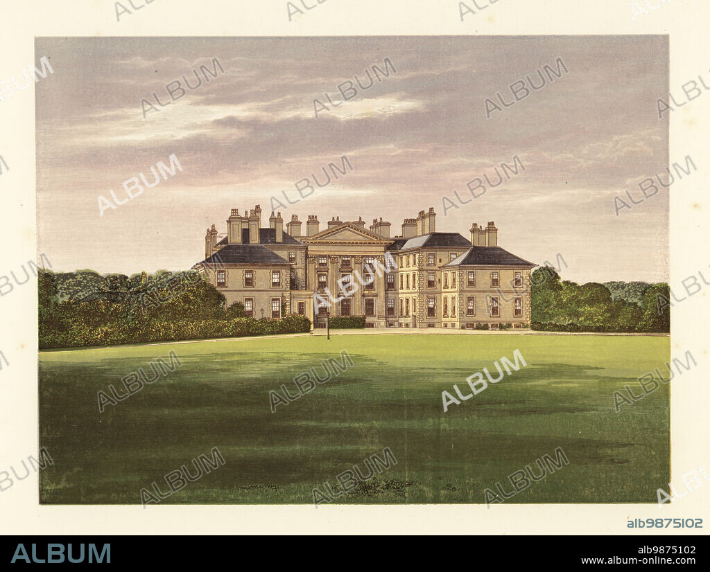 Dalkeith Palace, Edinburgh, Scotland. Mansion house with Corinthian-order pilasters and pediment built in 1702 by architect James Smith. Home of Walter Francis Scott, 5th Duke of Buccleuch. Colour woodblock by Benjamin Fawcett in the Baxter process of an illustration by Alexander Francis Lydon from Reverend Francis Orpen Morriss Picturesque Views of the Seats of Noblemen and Gentlemen of Great Britain and Ireland, William Mackenzie, London, 1880.