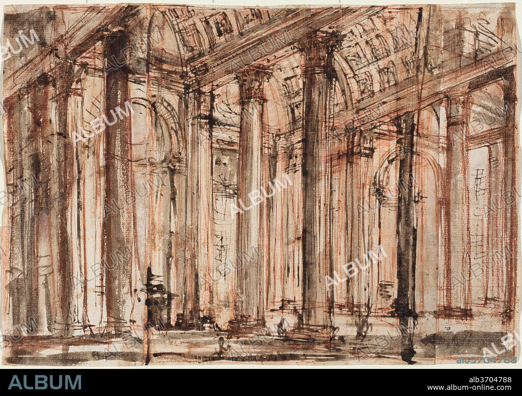 GIOVANNI BATTISTA PIRANESI. The Portico of the Pantheon. Dated: 1750s and early 1760s. Dimensions: Overall: 21 x 30 cm (8 1/4 x 11 13/16 in.)  left section: 21.1 x 8.4 cm (8 5/16 x 3 5/16 in.)  center section: 21 x 18.6 cm (8 1/4 x 7 5/16 in.)  right section: 21 x 7.4 cm (8 1/4 x 2 15/16 in.). Medium: pen and dark brown ink with gray and gray-brown wash over red chalk, on three pieces of paper glued together vertically.
