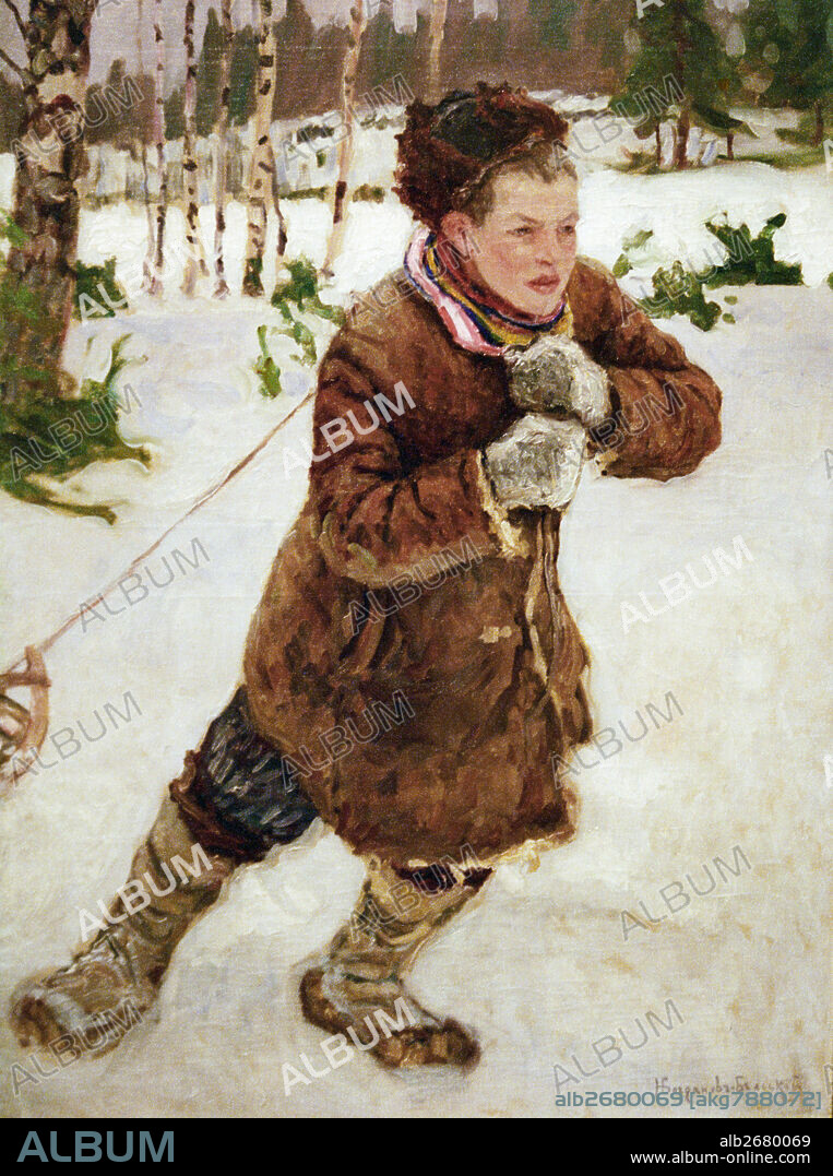 Nikolai Bogdanov-Belsky. 'A Peasant Boy in the Woods in Wintertime'. Exhibited at the exposition, Vera Dulova's Gifta show of the renowned harpist and art collector's donations to the State Tretyakov Gallery, Moscow.