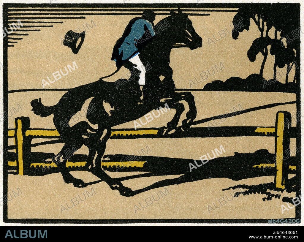Epreuves de Jeux equestres (Dressage) du 21 au 27 juillet au Stade de Colombes. Illustration anonyme pour une vignette tiree d'une serie sur les sports des Jeux Olympiques de 1924 a Paris. Credit : Collection Jonas/Kharbine-Tapabor.