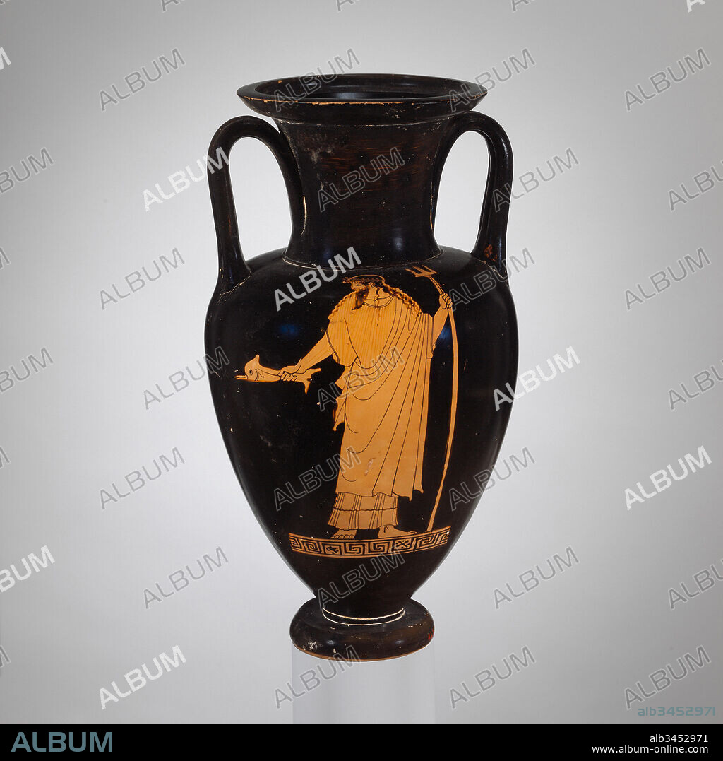Terracotta Nolan neck-amphora (jar), Classical, ca. 470–465 B.C., Greek, Attic, Terracotta; red-figure, H. 14 1/16 in. (35.7 cm), Vases, Obverse, Poseidon, Reverse, youth. By some accounts, Poseidon was the father of Theseus. The representation here would show father and son—Poseidon, ruler of the sea, and Theseus, the legendary king of Athens.