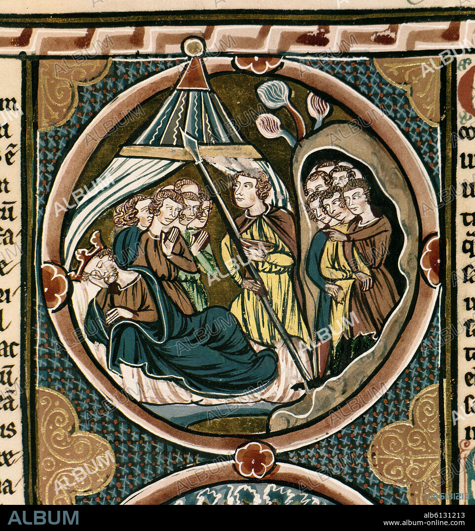 BIBLIA S LUIS DE FRANCIA-TOM I PAG 112 SAUL ROBA  LA LANZA DE DAVID EN EL CAMPAMENTO-S XIII.