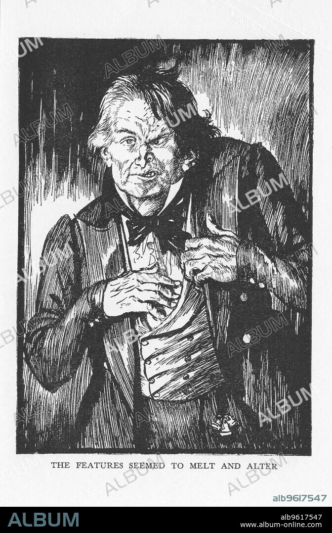 EDMUND JOSEPH SULLIVAN. Scene from The Strange Case of Dr Jekyll and Mr Hyde by Robert Louis Stevenson, 1927.  The features seemed to melt and alter.  Mr Hyde, having taken the antidote, turns back to Dr Jekyll in front of Dr Lanyon.  Jekyll had succeeded in separating out the duality in his nature, Hyde representing pure evil and Jekyll good, but eventually the antidote to the Hyde persona ceases to be effective. From The Strange Case of Dr Jekyll and Mr Hyde by Robert Louis Stevenson. (London, 1927). First published 1886.