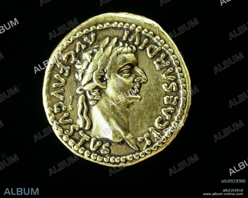 NUMISMATICA. MONEDA IMPERIO ROMANO. AUREO DE ORO, DE TIBERIO. ANVERSO. CABEZA LAUREADA DE TIBERIO A LA DERECHA. 14-21 D.C. (DEPOSITO: MUSEO ARQUEOLOGICO NACIONAL).
