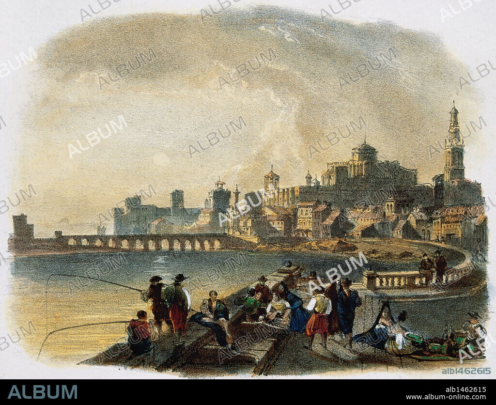 SOCIEDAD SIGLO XIX. ESPAÑA. CORDOBA. PESCADORES EN EL RIO GUADALQUIVIR. Al fondo, la ciudad. Andalucía. España. Litografía s. XIX.