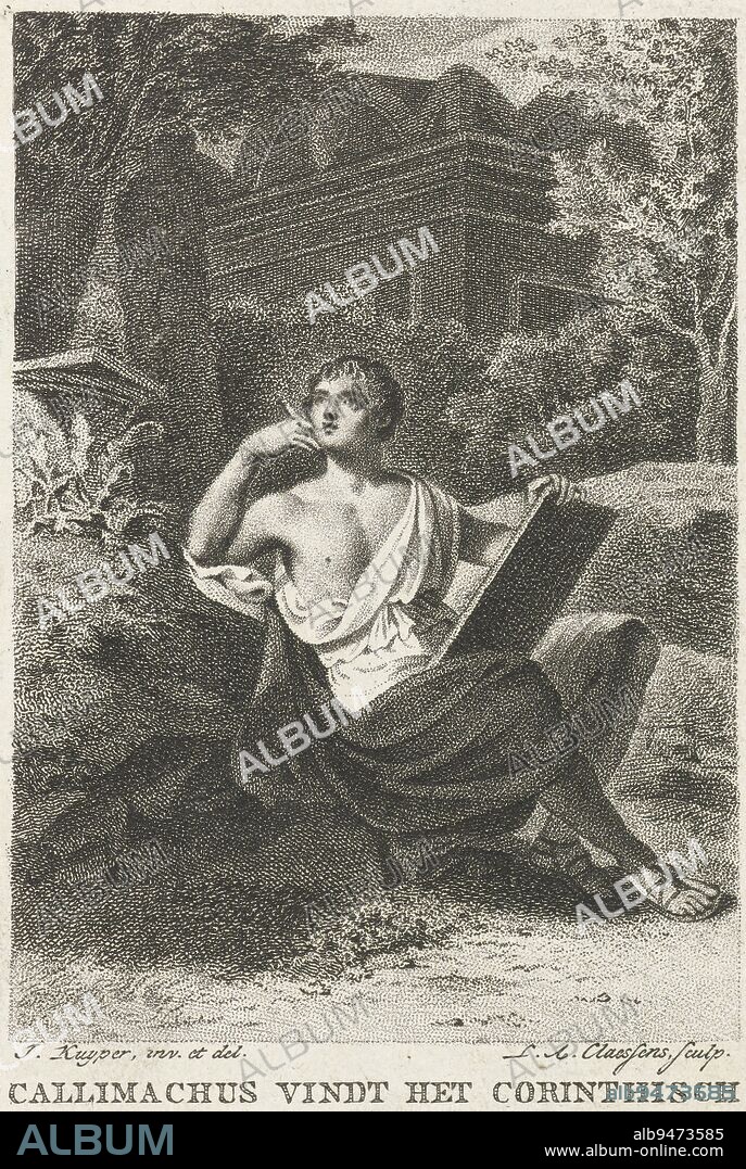 The Greek poet Callimachus sits in a garden gazing ahead. According to the caption, he is the inventor of the Corinthian columnar order, Callimachus devises the Corinthian columnar order, print maker: Lambertus Antonius Claessens, (mentioned on object), intermediary draughtsman: Jacques Kuyper, (mentioned on object), Amsterdam, 1803, paper, etching, h 118 mm × w 75 mm.