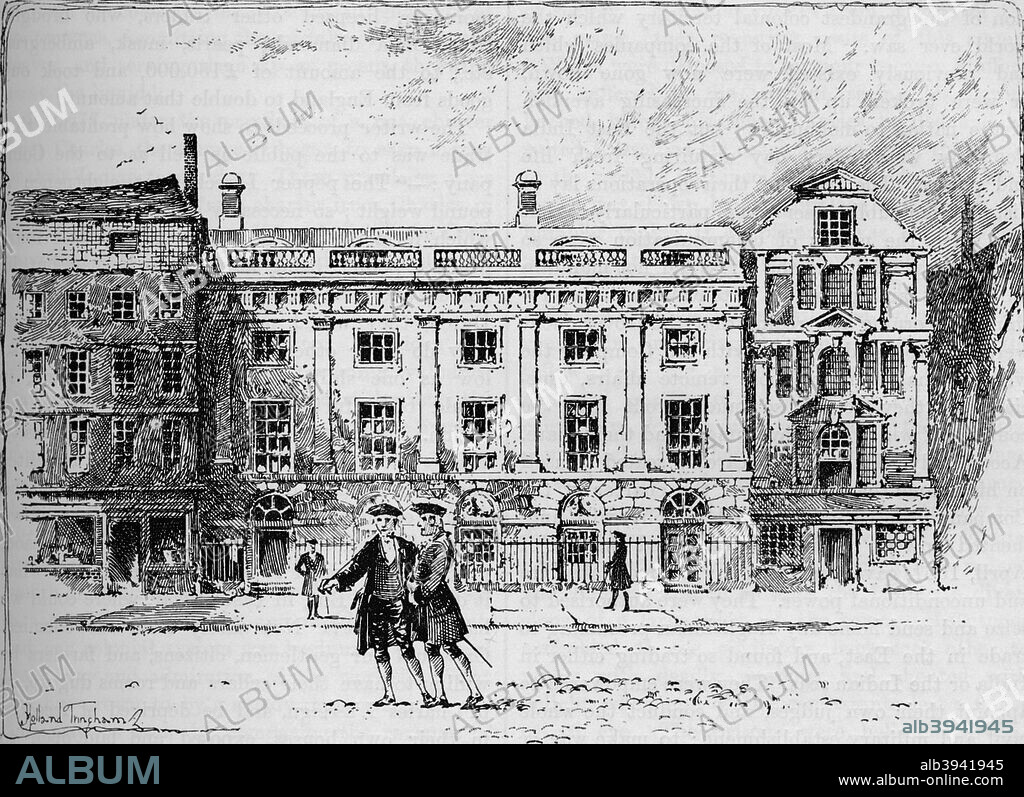 The old East India House in 1630 (1905). The headquarters of the East India Company in Leadenhall Street, London. From Cassell's History of England, Vol. III, [Cassell and Company, Limited, London, Paris, New York & Melbourne, 1905].