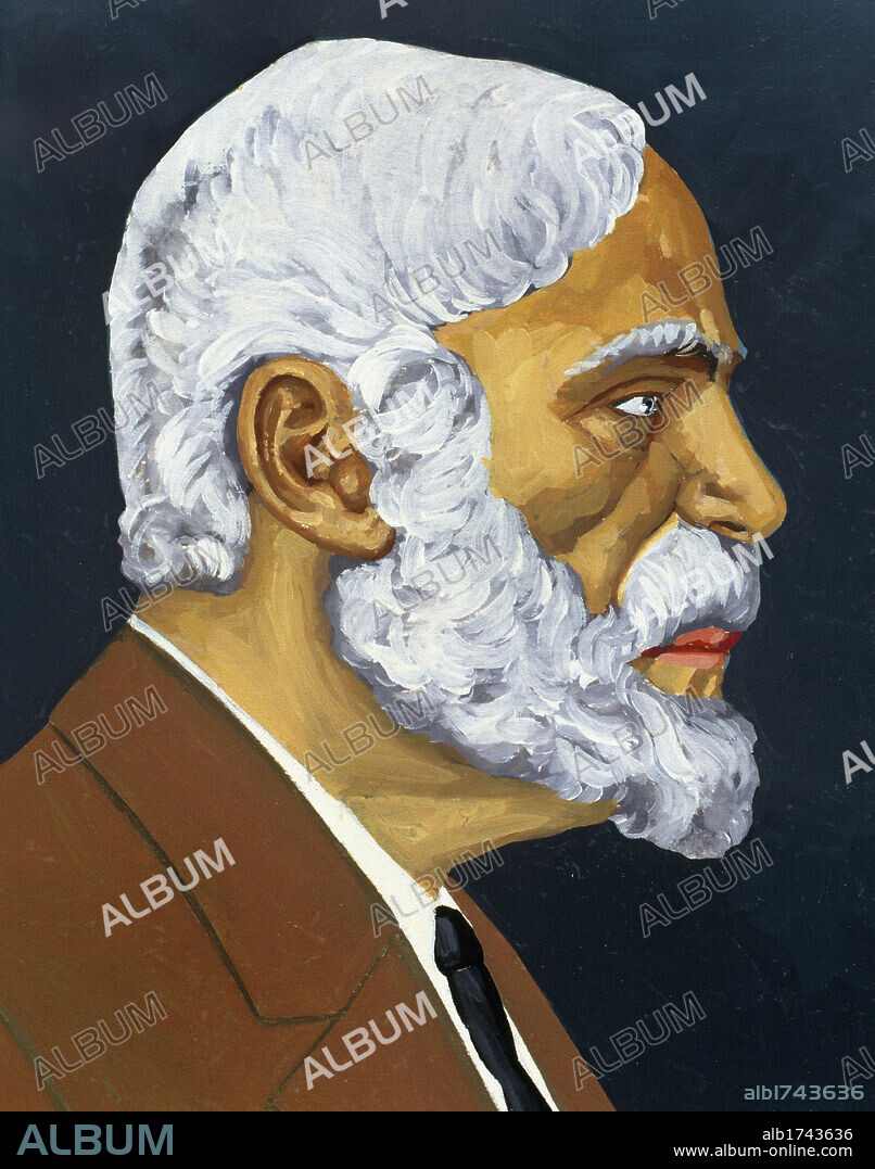 Antonio Gaudi (1852-1926). Catalan architect. The greatest exponent of Catalan Modernism. Watercolor painting by the Spanish illustrator Francisco Fonollosa (late 20th century).