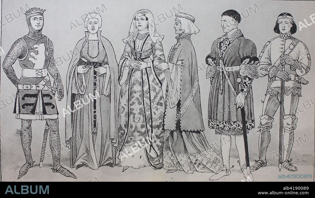 Fashion, clothes in Spain in the Middle Ages, 13th - 14th century, from the left, Rodrigo de Aluria, then a noble lady Dona Elvira de Ayala around 1314, a Spanish countess around 1353, a lady around 1435, a noble gentleman around 1430 and Don Alvara Perez de Guzman, Admiral of the Kingdom of Castile, 1394, digital improved reproduction from an original from the year 1900.
