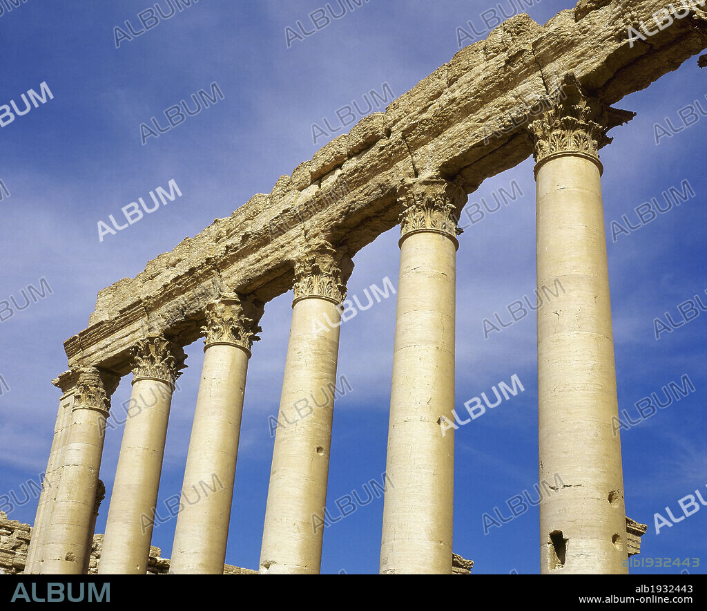 Syria, Palmyra. Temple of Bel. Built under Tiberius in 19 AD. Architectura detail of the columns in the inner court of the temple (Corinthian order). Photo taken before Syrian civil war. Destroyed by the Islamic State of Iraq and Syria in August 2015.