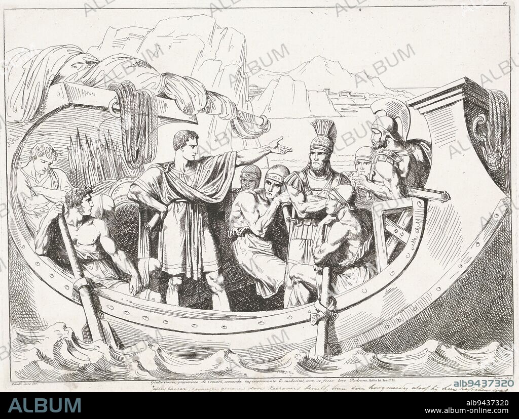 Julius Caesar captured by pirates, Bartolomeo Pinelli, 1819, Julius Caesar has been captured by pirates. However, he stands haughtily on the ship as if he were the captain., print maker: Bartolomeo Pinelli, (mentioned on object), Bartolomeo Pinelli, (mentioned on object), Rome, 1819, paper, etching, h 315 mm × w 420 mm.