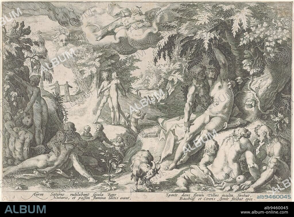 The Golden Age, Metamorphoses of Ovid (series title), Depiction of life during the Golden Age: naked men and women in an idyllic landscape, caressing, walking, bathing, eating fruit and playing with children. The god Saturn lies on a cloud. In the lower margin a four-line commentary, in two columns, in Latin., print maker: Hendrick Goltzius, (workshop of), after design by: Hendrick Goltzius, Franco Estius, Haarlem, 1589, paper, engraving, height 175 mm × width 255 mm.