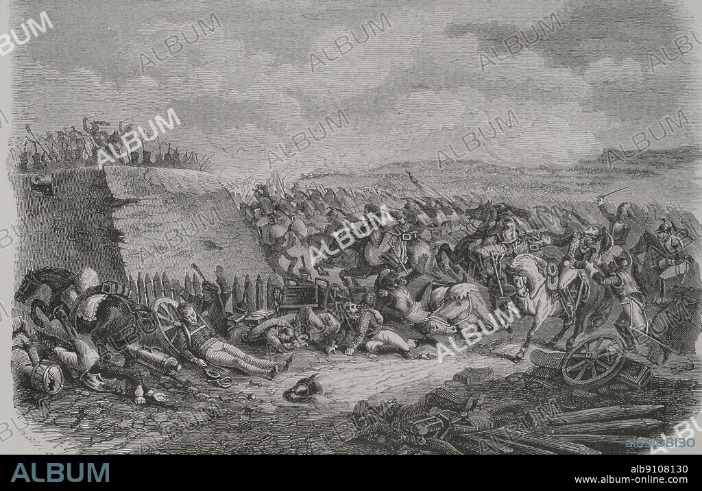 Guerras Napoleónicas (1796-1815). Invasión napoleónica de Rusia. Batalla de Borodinó (7 de septiembre de 1812). El ejército francés, liderado por Napoleón, consiguió una victoria pírrica ante el ruso, al mando del general Kutuzov. Grabado. "Los Héroes y las Grandezas de la Tierra". Tomo VI. 1856.