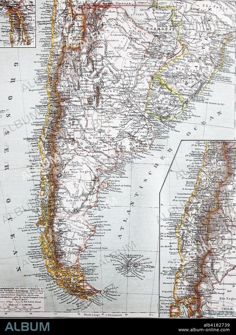 Suedamerika, Chile und Patagonien, Historische Landkarte von 1895, map of south america, Chile and Patagonia, digital improved reproduction of an original print from the year 1895.