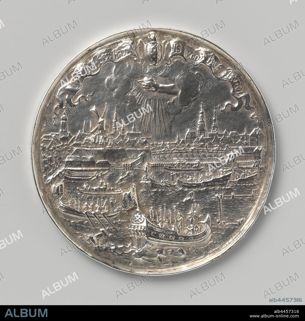 Siege of Amsterdam by Willem II, Silver Medal. Front: view of Amsterdam and ships on the Amstel, above it hand out of clouds with heart and coat of arms of the city with pennants and inscriptions. Reverse: inscription within laurel wreath, Amsterdam, Willem II (Prince of Orange), Pieter van Abeele, Netherlands, 1650, silver (metal), founding, d 6.8 cm × w 58.21 gr.