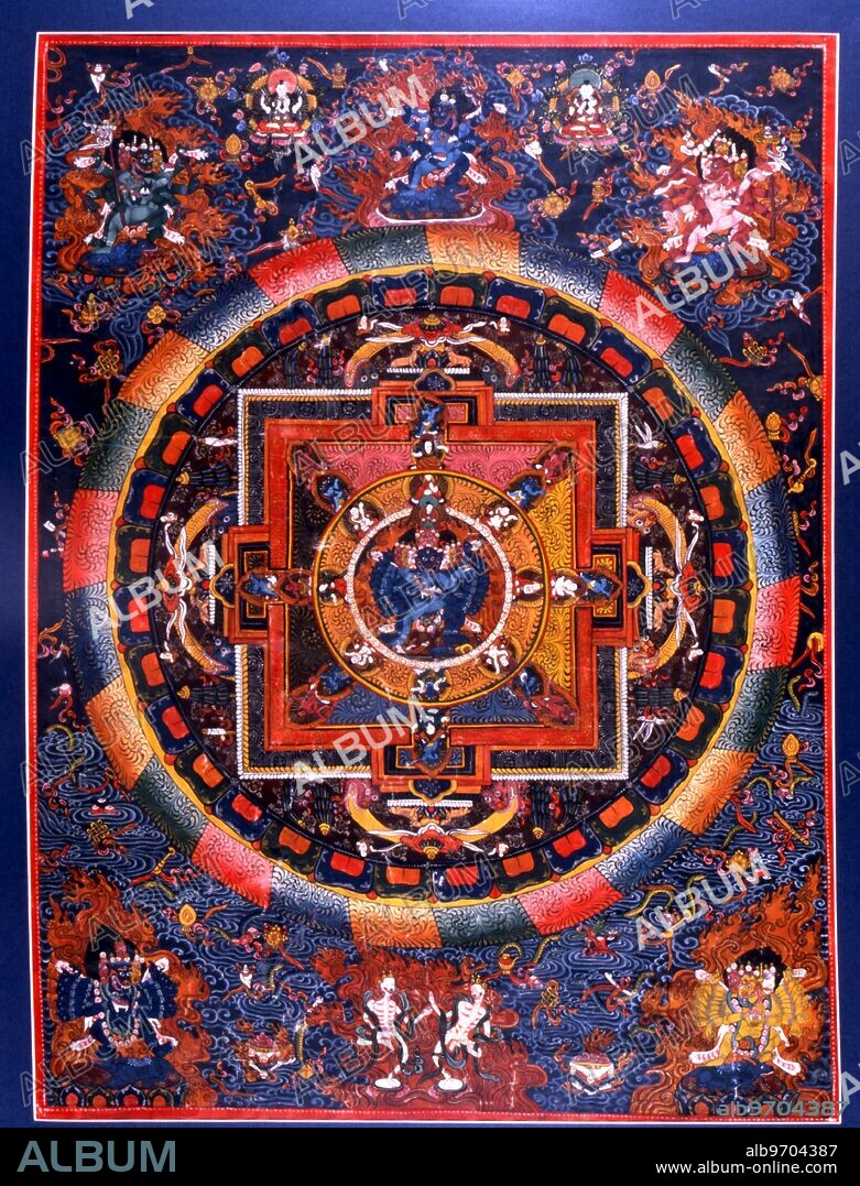 Occult Art - Tanka. Indian mediatative tanka with four guardians of space and demons of Vedic origin around the central celestial city. Traditional design.