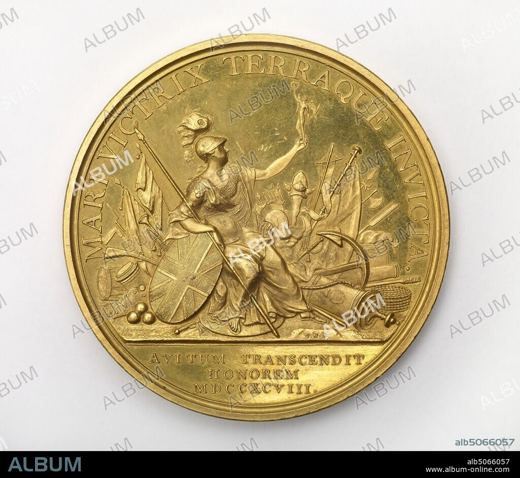 Obverse, Front view, British Victories, 1798 18th Century Commemorative Medal: Napoleonic Wars, Soho Mint, Birmingham. King George III Manufacturer: Soho Mint Designer: Conrad Heinrich Kuchler, Copper gilt medal, commemorating various victories that the British forces obtained during that year: the Nile, Mahon and the capture of Minorca etc., Social history, Coin, Medal, Matthew Boulton, Georgian, Birmingham history.