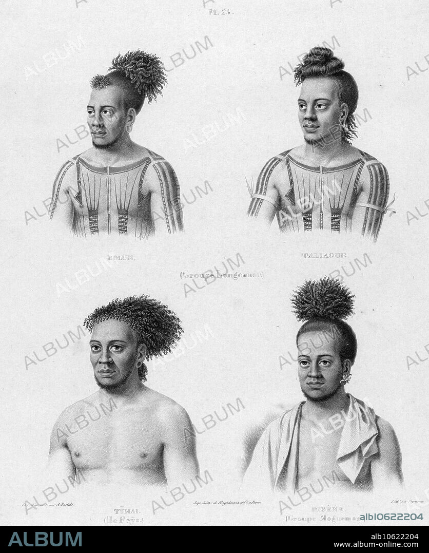 GODEFROY ENGELMANN y ALEXANDER POSTELS. Inhabitants of the lower Caroline Islands, 19th century. One of 65 lithographs that were included in the volume of maps published after the round-the-world voyage of the corvette Seniavin commissioned by Tsar Nicholas I and carried out in 1826-29 under the command of Captain Fedor Litke (the Russian version of the name of Count Friedrich Lu¨tke, a Baltic German). The expedition began in Kronstadt (the main imperial Russian naval base near Saint Petersburg where Russian circumnavigations typically began and ended); it then traveled around Cape Horn to the Pacific Ocean. This voyage was one of many Russian scientific naval surveys in the first part of the 19th century.