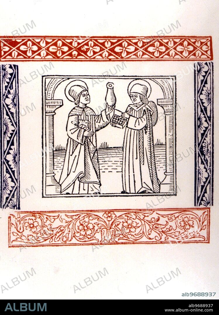 CHRISTIAN - SAINTS - Saints Cosmas and Damian - the patron saints of medicine - Cosmos and Damian inspecting urine. Titlepage from Albucasis b. Aberacerin Servidor de Albuchasis 1516 - two mayarted early Christains from the third century AD. The two were brothers trained to be physicians by a famous Roman healer. They treated Christians free of charge and did their best to promote the religion. They were much beloved and many people prayed for their lives out of gratitude for their many services. As their fame spread the jealousy of their teacher began to grow. It reached a climatic moment when the two brothers were called upon to heal the Emperor of Rome. Because of their success their former mentor had them killed in a fit of rage. As a result of their good works they are considered to patron saints of amily and marriage. Their Saint's Day is celebrated on July 1 and November 1.