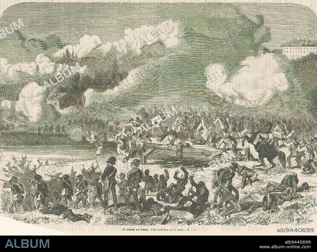 Battle of Custoza, 1866, Die Schlacht con Custoza (title on object), Battle of Custoza, June 24, 1866, between Italian and Austrian troops. Scene from the Third Italian War of Independence, part of the Austro-Prussian War of 1866., after drawing by: Vinzenz Katzler, (mentioned on object), Germany, Jul-1866, paper, height 257 mm × width 380 mm.