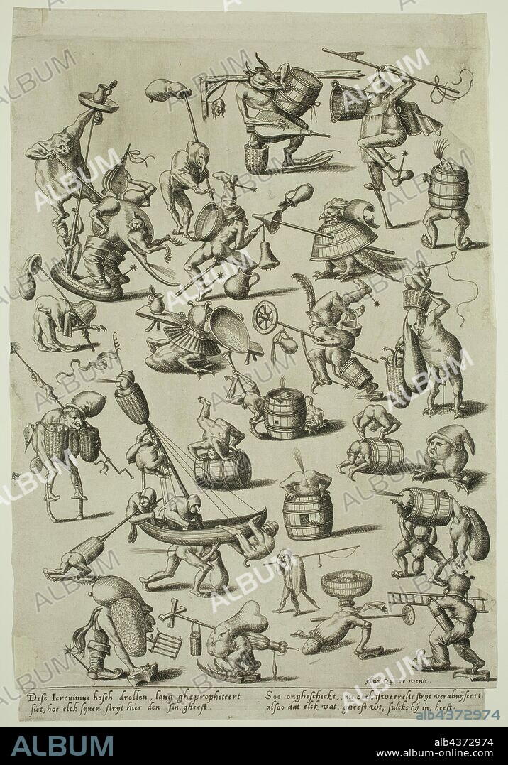 Unknown (Flemish), after Hieronymus Bosch, Netherlandish, 1470-1516, Various Fantastic Figures, between late 15th and early 16th century, engraving printed in black ink on laid paper, Sheet: 8 1/4 × 8 3/8 inches (21 × 21.3 cm).