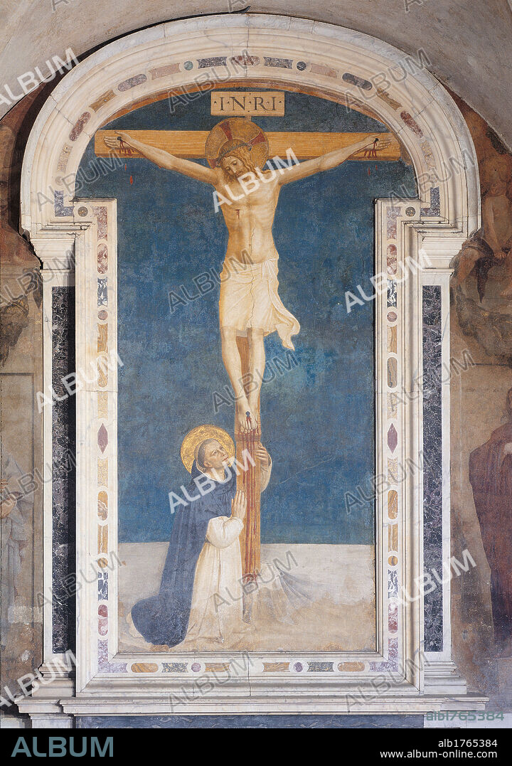 St Dominic at the feet of Jesus Crucified, by Guido di Pietro (Piero) known as Beato Angelico, 1438-1446 about, 15th Century, curved fresco with marble frame, cm 340 x 155. Italy, Tuscany, Florence, San Marco Convent, cloister. All. Jesus crucifix St Dominic kneeling before embraces the cross frame marble inlay. Authorization required for non editorial use.