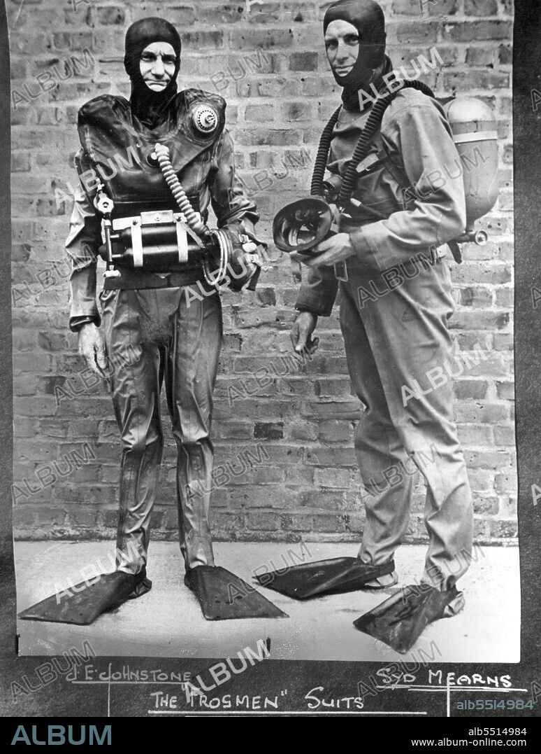 Johnstone in his frogman suit and breathing apparatus that was developed during the war. October 07, 1953.