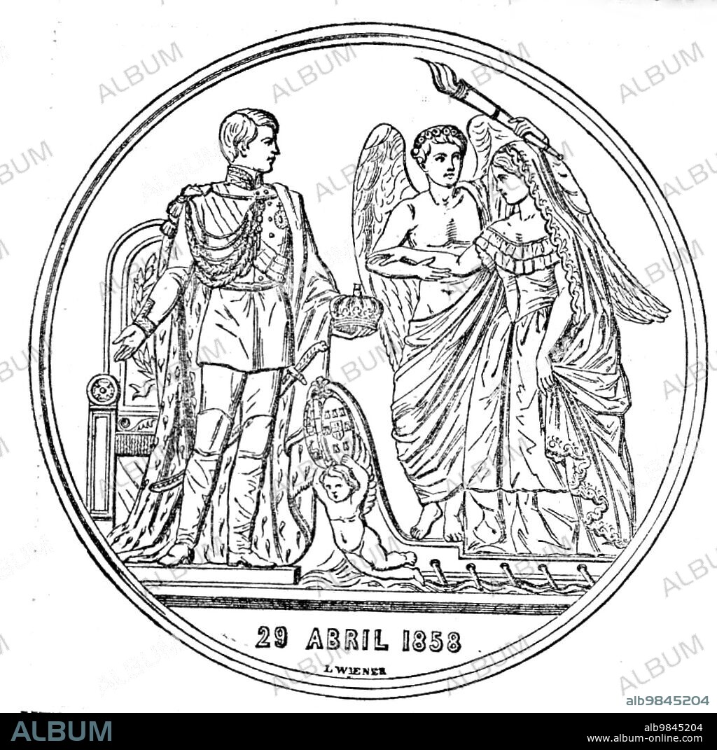 Medal Commemorative of the Marriage of the King of Portugal with the Princess Stephanie, 1858. 'M. Leopold Wiener, the Master of the Mint at Brussels, has, by command of Dom Pedro V. of Portugal, struck a medal...to commemorate the marriage of his Majesty with the Princess Stephanie of Hohenzollern. The portraits of the King and Queen on the obverse are excellent likenesses of their Majesties. On the reverse the Princess is seen conducted by Hymen to the shores of Portugal, the vessel being directed by Cupid, bearing a shield with the arms of Braganza and of Hohenzollern. The King, who awaits the approach of his fair fiancee, offers her with one hand his crown, and with the other hand points to the chair of state, from which he has just risen, signifying by the gesture his desire that she should share his throne and crown. This allegorical design is charmingly executed, and tells its tale much more clearly than allegories generally do'. From "Illustrated London News", 1858.