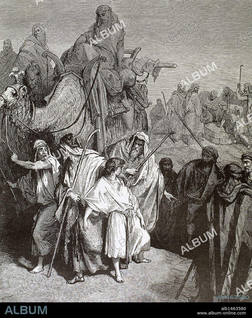 PAUL GUSTAVE DORÉ. Joseph (son of Jacob and Rachel) is sold into slavery in Egypt by his brothers. Engraving by Gustave Dore_. 19th century.