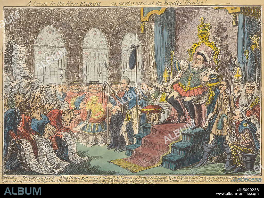 A Scene in the New Farce - as Performed at the Royalty Theatre!, Print made by George Cruikshank, 17921878, British, Published by George Humphrey, ca. 1773ca. 1831, British, 1821, Etching, hand-colored on moderately thick, slightly textured, beige wove paper, Sheet: 9 1/2 x 13 5/8 inches (24.2 x 34.6 cm) and Image: 8 9/16 x 13 1/8 inches (21.7 x 33.3 cm), animals, axes, bishops, bowing, brutes, bulls, caricature, chancellor, citizen participation, court, elephant (animal), historical subject, hoes, horns, jester, king's, ministers, obese, papers, petitions, satire, soldiers, throne, City of London, England, Europe, Greater London, United Kingdom.
