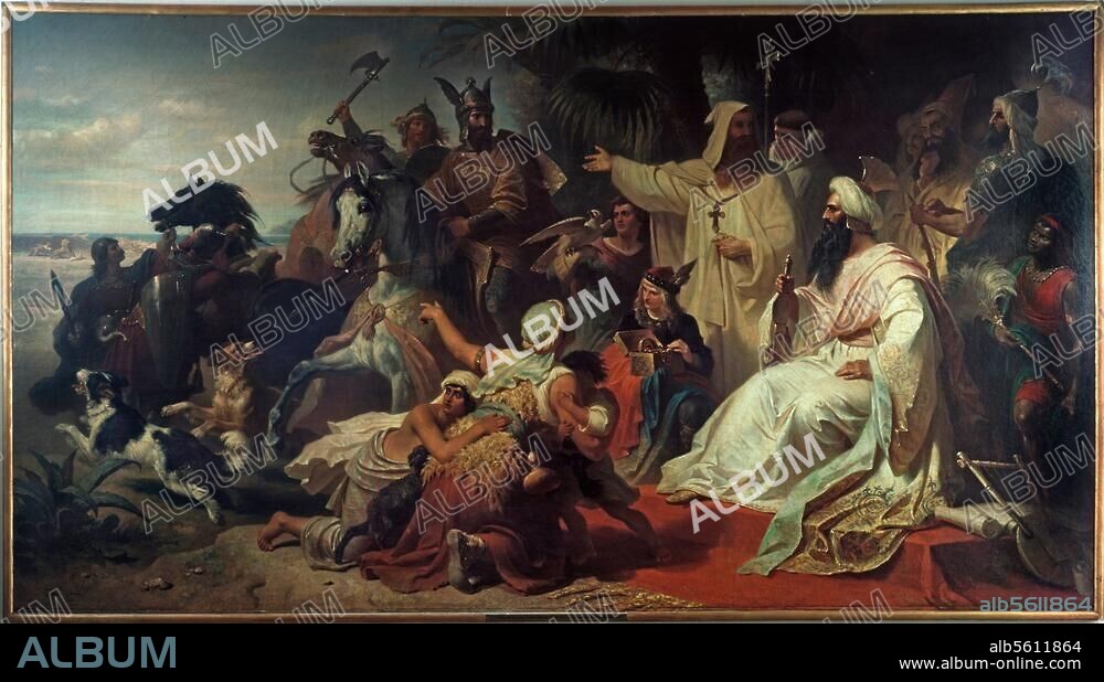 JULIUS KÖCKERT. Harun al-Raschid, abbasidischer Kalif. (786-809); 763/66-809. "Harun al Raschid empfängt die Gesandtschaft Karls des Großen 786". Gemälde, 1864, von Julius Köckert. (1827-1918). Öl auf Leinwand, 354 × 195 cm. München, Stiftung Maximilianeum.