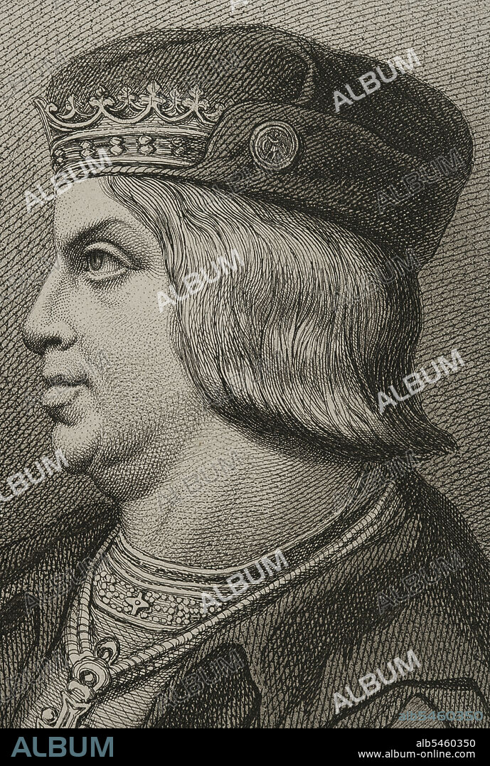 ANTOINE MASSON (1636-1700). FRENCH ARTIST.. Fernando II de Aragón, llamado El Católico (1452-1516). Rey de Sicilia (1468-1516), de Castilla como Fernando V (1474-1504), de la Corona de Aragón (1479-1516) y de Nápoles (1504-1516). Retrato. Grabado por Masson. Litografiado por Magín Pujadas. Detalle. Historia General de España, por Modesto Lafuente. Tomo II. Publicado en Barcelona, 1879.