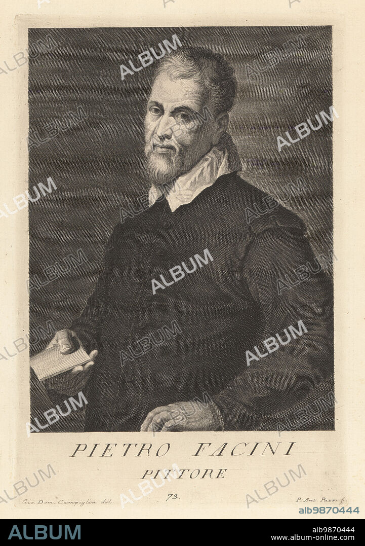 Pietro Faccini, Italian painter, draughtsman and printmaker, 15621602. Paintings in Pinacoteca, S. Domenico and S. Paolo in Bologna. Pietro Facini, Pittore. Copperplate engraving by Pietro Antonio Pazzi after Giovanni Domenico Campiglia after a self portrait by the artist from Francesco Moucke's Museo Florentino (Museum Florentinum), Serie di Ritratti de Pittori (Series of Portraits of Painters) stamperia Mouckiana, Florence, 1752-62.