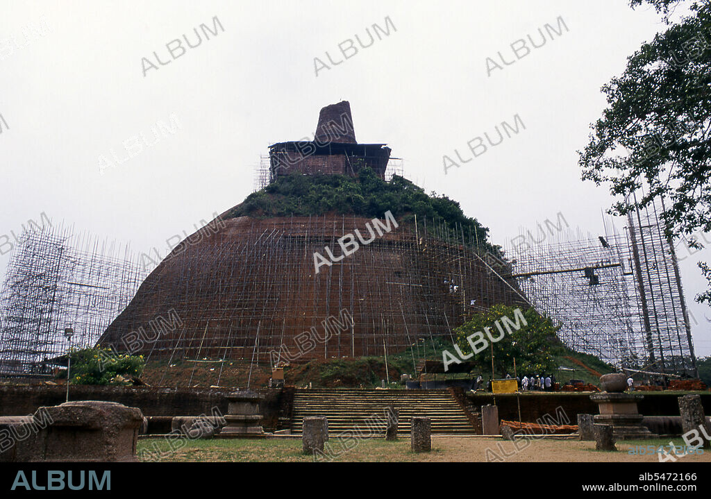 The Jetavanaramaya is a stupa, located in the ruins of Jetavana Monastery. King Mahasena (273-301 CE) initiated the construction of the stupa following the destruction of Mahavihara, his son Maghavanna completed the construction of the stupa. A part of a sash or belt tied by the Buddha is believed to be the relic that is enshrined here. At the time of its completion it was the third highest structure in the world. Anuradhapura is one of Sri Lanka's ancient capitals and famous for its well-preserved ruins. From the 4th century BCE until the beginning of the 11th century CE it was the capital. During this period it remained one of the most stable and durable centers of political power and urban life in South Asia. The ancient city, considered sacred to the Buddhist world, is today surrounded by monasteries covering an area of over sixteen square miles (40 km).