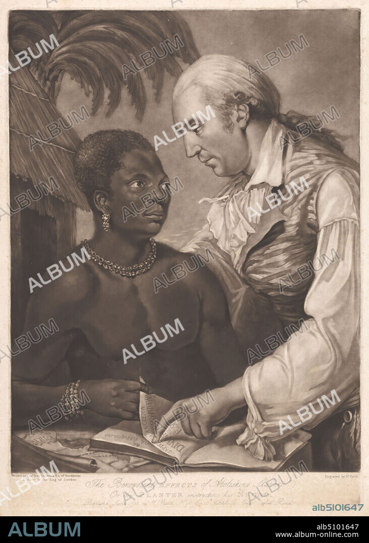 The Benevolent Effects of Abolishing Slavery, or the Planter instructing his Negro, Print made by W. Pyott, active late 18th century, after Carl Frederick van Breda, 17591818, Swedish, Published by W. Pyott, active late 18th century, 1792, Mezzotint on medium, cream, slightly textured wove paper, Sheet: 19 1/4 x 14 3/4 inches (48.9 x 37.5 cm), Plate: 16 15/16 × 11 7/8 inches (43 × 30.2 cm), Image: 15 3/4 × 11 13/16 inches (40 × 30 cm), and Frame: 24 × 20 × 1 inches (61 × 50.8 × 2.5 cm), book, emancipation, genre subject, hut, jewelry, map, men, palm trees, portrait, slave, slavery.
