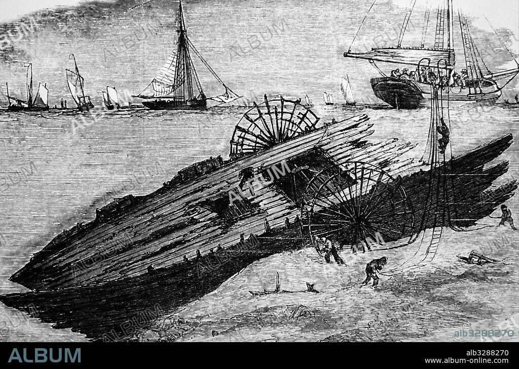 Illustration depicting divers examining the wreck of the 'Royal Adelaide', lost off Margate. Dated 19th Century.
