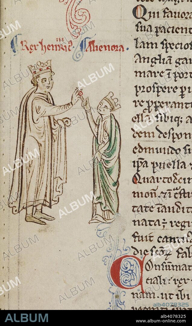 MATTHEW PARIS. Detail of a marginal drawing of the marriage of Henry III and Eleanor of Provence. Historia Anglorum, Chronica majora, Part III; Continuation of Chronica maiora. 1250-1259. Source: Royal 14 C. VII, f.124v. Language: Latin.