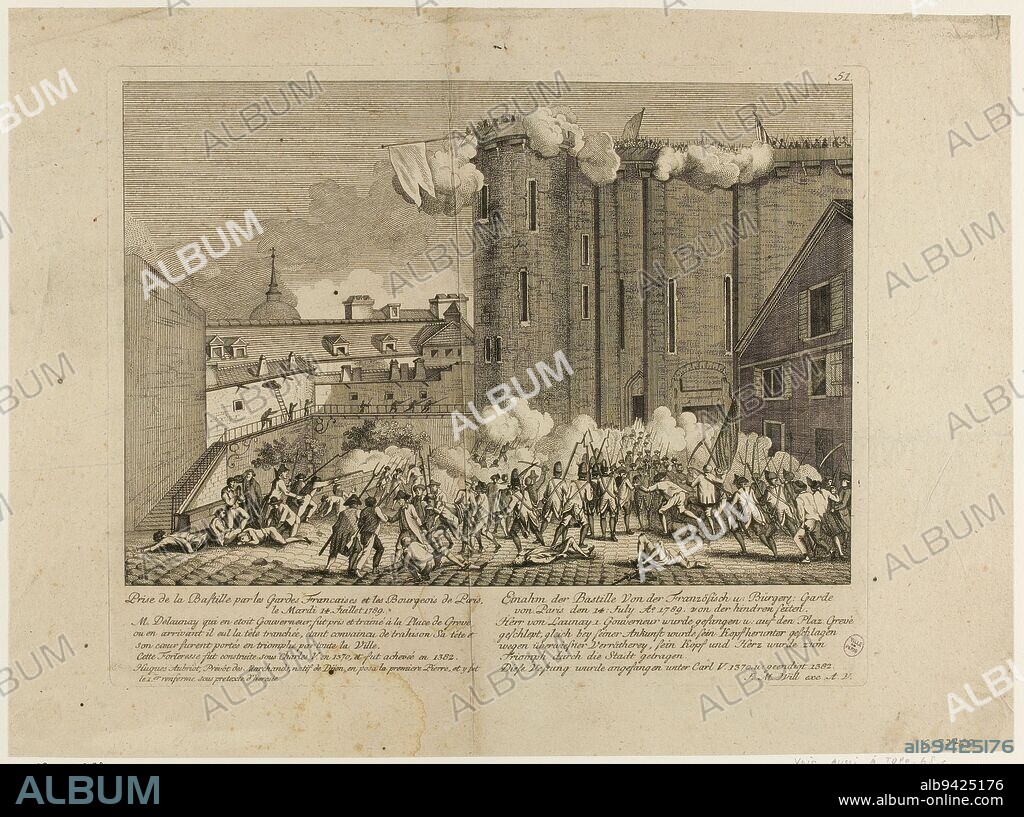 Taking of the Bastille by the French Guards and the Burghers of Paris, Tuesday, July 14, 1789, Will, Johann Martin, Engraver, Will, Johann Martin, Printmaker, About 17901800, Graphic arts, French Revolution, Print, Etching, Height: 29 cm, Width: 39.4 cm, Dimensions - Square stroke:, Height: 24.3 cm, Width: 29.7 cm.