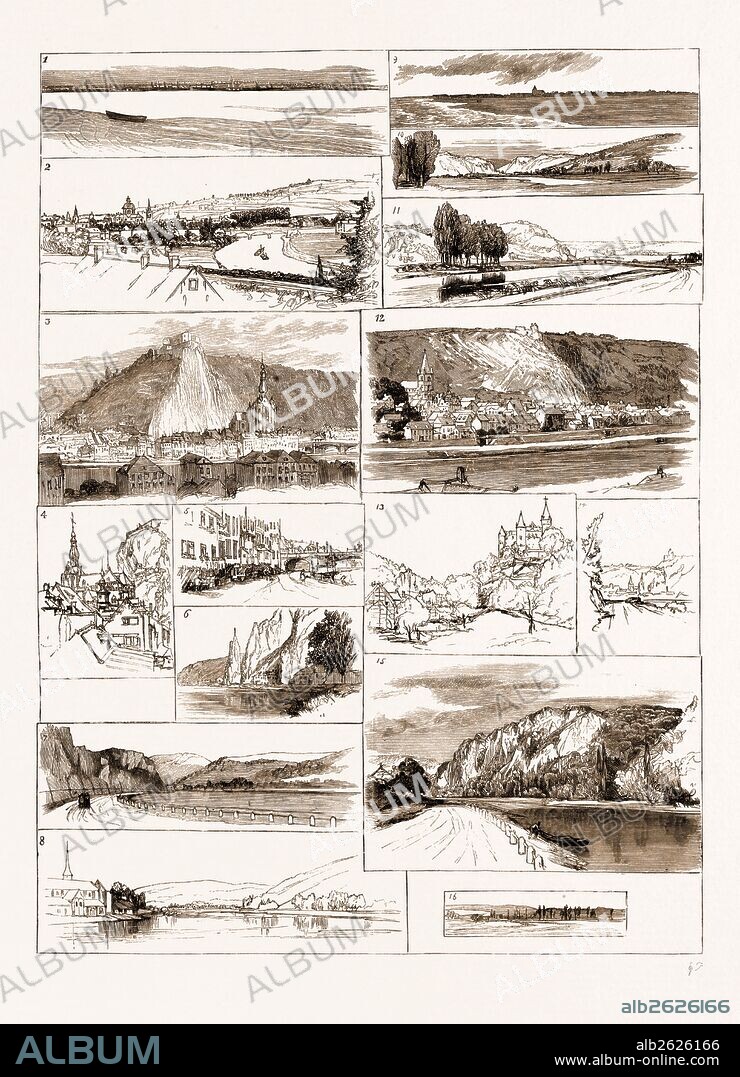 SKETCHES ON THE MEUSE BETWEEN NAMUR AND GIVET, 1883: 1. Parkiston Station and Quay, Harwich, G.E. Line. 2. Namur, Just Above the Confluence of the Sambre and the Meuse, from the Brussels Railway. 3. Dinant. 4. View from Window of Hotel Tete d'Or, Dinant. 5. Old Houses at Dinant. 6. Le Rocher Bayard, Dinane 7. Between Waulsort and Hastiere, Looking Down. 8. Hastiere, Looking Up. 9. The Scheldt. 10. Between Namur and Yvoir, Looking Down. 11. Ruins of the Castle of Poilvache, Below Dinant, Looking Up-Stream. 12. Bouvignes and Castle of Crèvecoeur. 13. Chateau de Veve at Celle, Nine Miles from Dinant. 14. Bouvignes, Looking Up. 15. Opposite Waulsort. 16. Distant View of Givet, Looking Up.