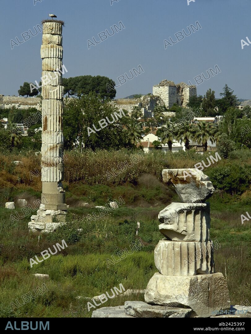 ARTE GRIEGO. TURQUIA. ARTEMISION. Antiquísimo lugar de culto. Fechado en el siglo VII a. C., fué destruido y reconstruido siete veces. Era considerado una de las SIETE MARAVILLAS DEL MUNDO. Cronológicamente se han diferenciado cuatro fases. COLUMNA COLOSAL, el único vestigio del TEMPLO DE ARTEMISA, perteneciente a la decimoséptima de las veintiuna columnas. SELÇUK. Península Anatólica.
