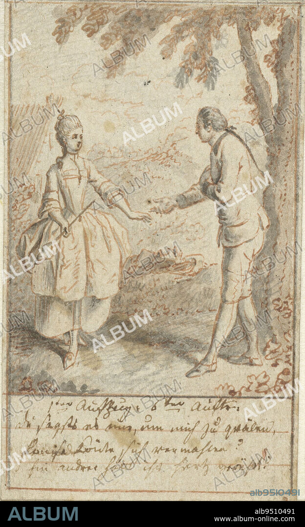 Design for a print, Alexis and Hannchen at the lime tree Designs for illustrations for Le Deserteur by Jean-Michel Sedaine (series title), draughtsman: Daniel Nikolaus Chodowiecki, 1770 - 1775, paper, pen, brush, h 90 mm × w 50 mm.