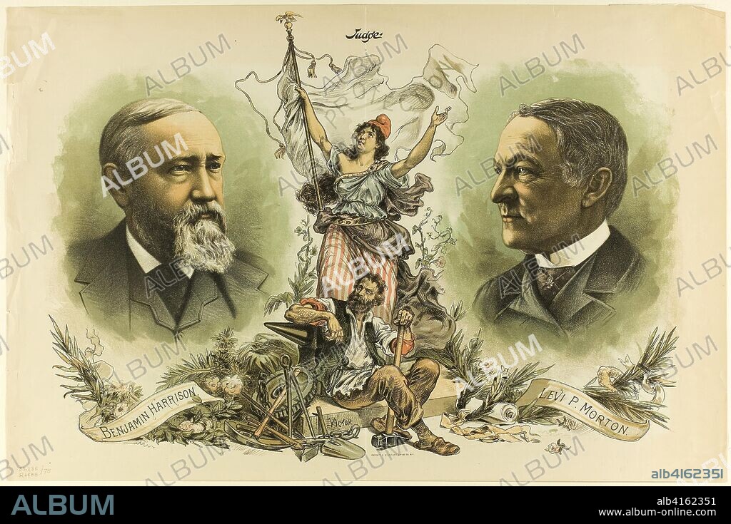 Victory Portraits of Benjamin Harrison and Levi P. Morton, from Judge. Unknown Artist; American, 19th century. Date: 1888. Dimensions: 347 x 525 mm. Color lithograph on newsprint. Origin: United States.