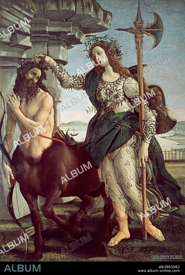 SANDRO BOTTICELLI. Pallade e il centauro / Pallas and the Centaur. Date/Period: 1482. Painting. Tempera on canvas. Height: 207 cm (81.4 in); Width: 148 cm (58.2 in).