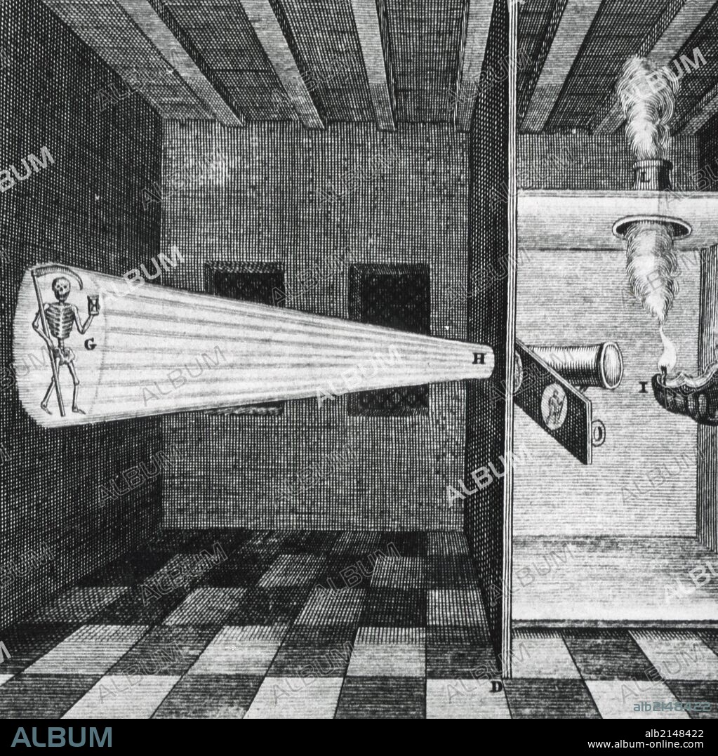 First illustration of a Magic Lantern. From ''Ars magna'', Amsterdam, 1671, by Athanasius Kircher.  (Photo by: Universal History Archive/UIG via Getty Images).