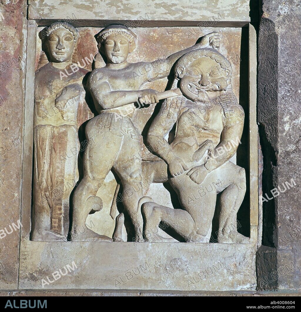 Metope of Perseus, with Athena's help, killing Medusa, from whose blood Pegasus is born. From temple C, Selinunte, Sicily, 6th century BC.