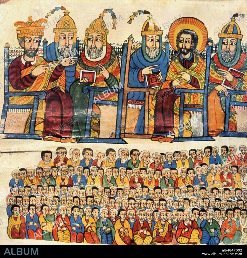 CONCILIATE OF NICEA (Iznik) held in 325 by the will of Emperor Constantine I. The first ecumenical council of Christianity, attended by 300 bishops from all over the world, established the rule for the identification of the day of Easter, sanctioned the heretical nature of the doctrines of Ario and Melezio, promulgated the profession of faith of the Nicene Symbol and attributed to the Pope all temporal powers. Ethiopian miniature from a seventeenth century manuscript.