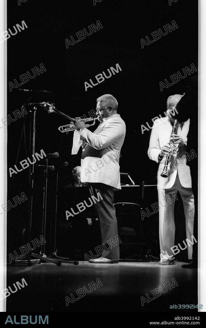 Dizzy Gillespie, American jazz trumpeter, bandleader, composer and singer, Royal Festival Hall, London, July 1985. Gillespie is regarded as one of the greatest jazz trumpeters of all time.