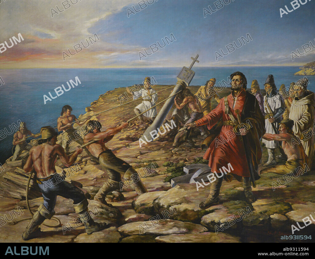 History of Portugal. Age of the Discoveries. Reign of John II of Portugal. First voyage of Diogo Cao (1452-1486) to explore the Atlantic coast of Africa (1482-1483). Diogo Cao raising the "Padrao de Santo Agostinho" at Santa Maria Cape (Angola). Painting by Elisa Felismino. Oil on canvas, 1970. Maritime Museum. Lisbon, Portugal.