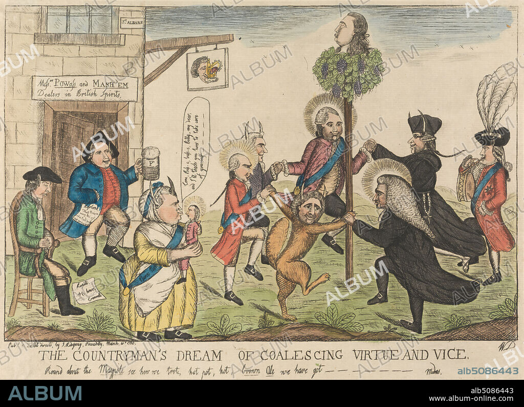 The Countryman's Dream of Coalescing Virtue and Vice, Round about the Maypole see how we trot, hot pot, hot, brown Ale we have got..., William Dent, active 17841793, 1784, Etching with watercolor on laid paper, Sheet: 10 x 13 13/16in. (25.4 x 35.1cm).